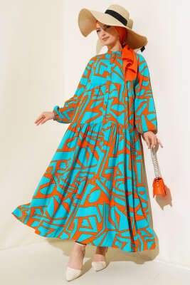 Çizgi Desen Patlı Elbise Turkuaz 