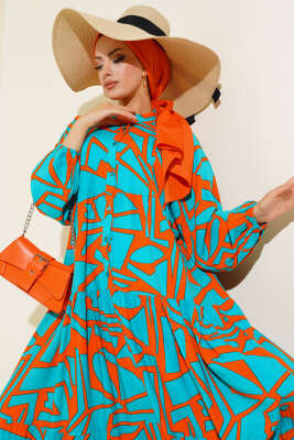 Çizgi Desen Patlı Elbise Turkuaz - Tesettür Elbise