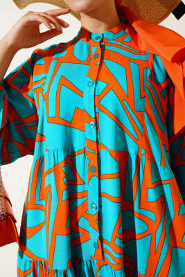 Çizgi Desen Patlı Elbise Turkuaz - Tesettür Elbise