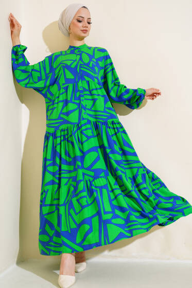 Çizgi Desen Patlı Elbise Yeşil - Elbise
