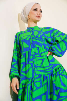 Çizgi Desen Patlı Elbise Yeşil - Tesettür Elbise