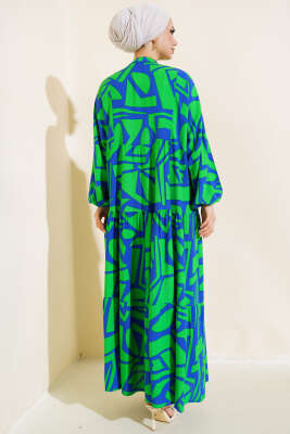 Çizgi Desen Patlı Elbise Yeşil - Tesettür Elbise