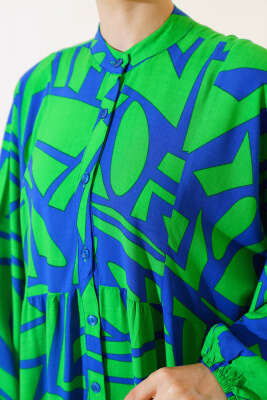 Çizgi Desen Patlı Elbise Yeşil - Tesettür Elbise