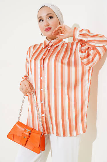 Çizgi Desen Saten Gömlek Kiremit - Yılın Fırsatı