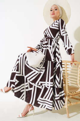 Çizgi Desen Viskon Elbise Kahve - Tesettür Elbise