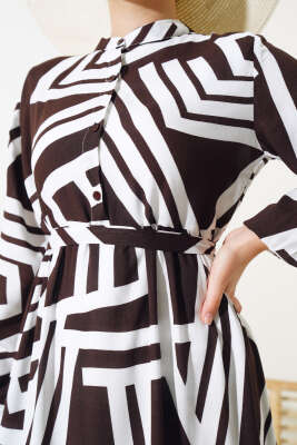 Çizgi Desen Viskon Elbise Kahve - Tesettür Elbise