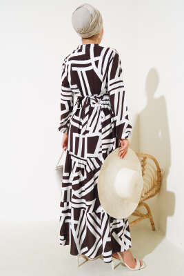 Çizgi Desen Viskon Elbise Kahve - Tesettür Elbise