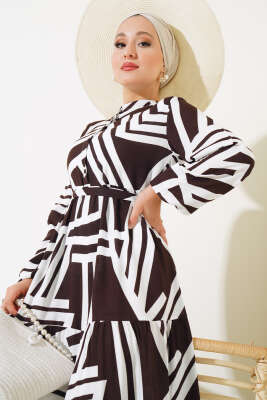 Çizgi Desen Viskon Elbise Kahve - Tesettür Elbise