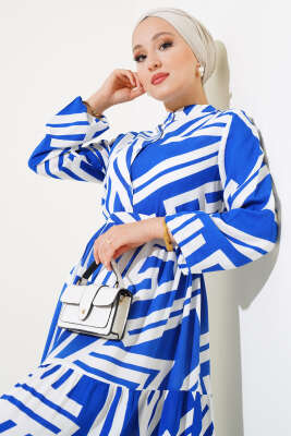 Çizgi Desen Viskon Elbise Saks - Tesettür Elbise