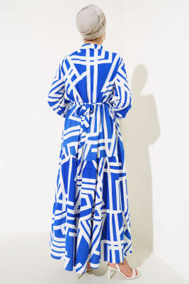 Çizgi Desen Viskon Elbise Saks - Tesettür Elbise