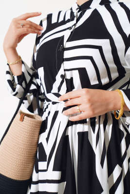 Çizgi Desen Viskon Elbise Siyah - Tesettür Elbise