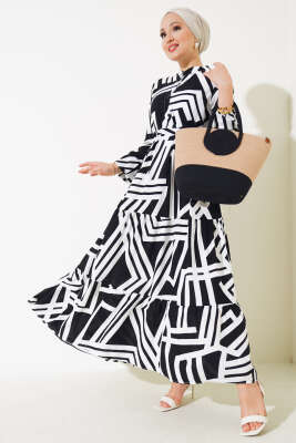 Çizgi Desen Viskon Elbise Siyah