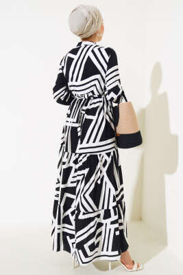 Çizgi Desen Viskon Elbise Siyah - Tesettür Elbise