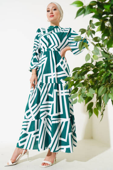 Çizgi Desen Viskon Elbise Yeşil - Elbise