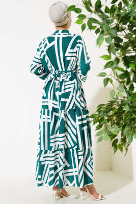 Çizgi Desen Viskon Elbise Yeşil - Tesettür Elbise