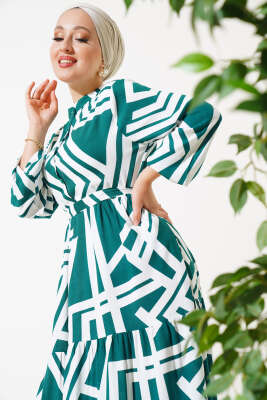 Çizgi Desen Viskon Elbise Yeşil - Tesettür Elbise