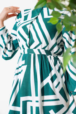 Çizgi Desen Viskon Elbise Yeşil - Tesettür Elbise