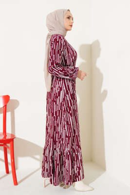Çizgi Desen Volanlı Kuşaklı Elbise Bordo - Tesettür Elbise