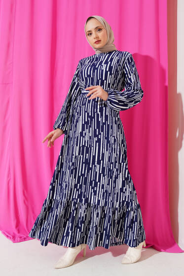 Çizgi Desen Volanlı Kuşaklı Elbise Lacivert - Elbise
