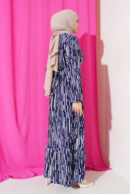 Çizgi Desen Volanlı Kuşaklı Elbise Lacivert - Tesettür Elbise