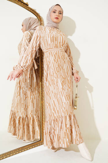 Çizgi Desen Volanlı Kuşaklı Elbise Latte - Elbise