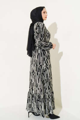 Çizgi Desen Volanlı Kuşaklı Elbise Siyah - Tesettür Elbise