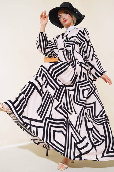 Çizgi Desen Yarasa Kol Elbise Bej - Tesettür Elbise