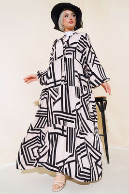 Çizgi Desen Yarasa Kol Elbise Bej - Tesettür Elbise