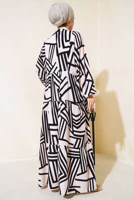 Çizgi Desen Yarasa Kol Elbise Bej - Tesettür Elbise