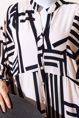 Çizgi Desen Yarasa Kol Elbise Bej - Tesettür Elbise