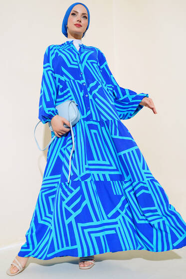 Çizgi Desen Yarasa Kol Elbise Saks - Tesettür Elbise