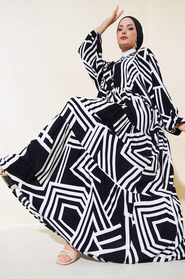 Çizgi Desen Yarasa Kol Elbise Siyah - Tesettür Elbise