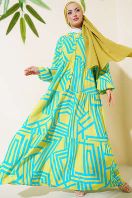 Çizgi Desen Yarasa Kol Elbise Yağ Yeşili - Thumbnail