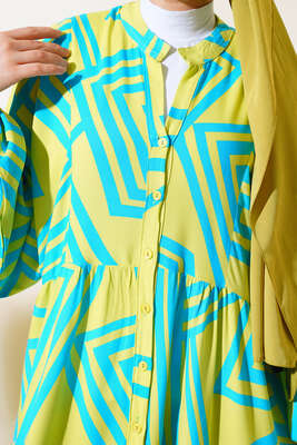 Çizgi Desen Yarasa Kol Elbise Yağ Yeşili - Thumbnail