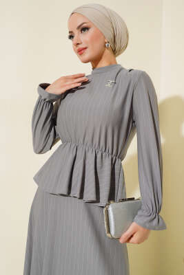 Çizgi Desenli Etekli İkili Takım Gri - İkili Takım