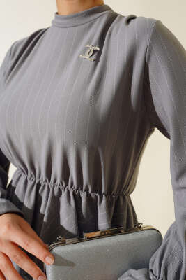 Çizgi Desenli Etekli İkili Takım Gri - İkili Takım