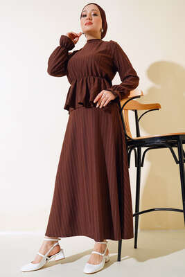 Çizgi Desenli Etekli İkili Takım Kahve - HBS