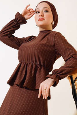 Çizgi Desenli Etekli İkili Takım Kahve - İkili Takım