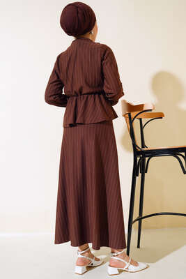 Çizgi Desenli Etekli İkili Takım Kahve - İkili Takım