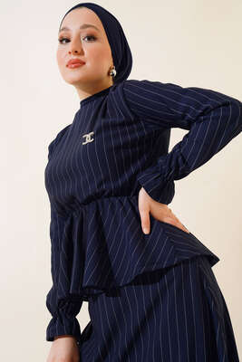 Çizgi Desenli Etekli İkili Takım Lacivert - İkili Takım