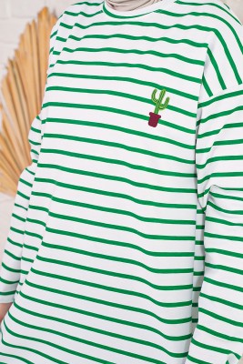 Çizgi Desenli Kaktüs Nakışlı Yeşil Tunik - Thumbnail
