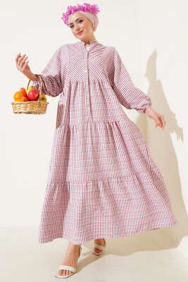 Çizgi Desenli Katlı Elbise Bordo - Tesettür Elbise