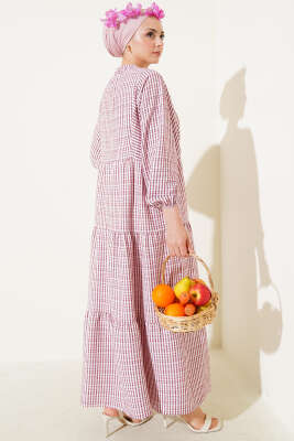 Çizgi Desenli Katlı Elbise Bordo - Tesettür Elbise