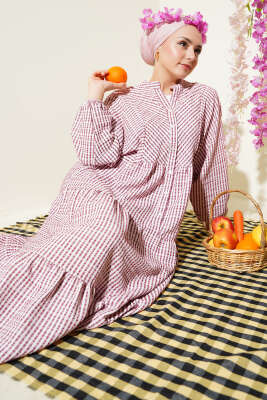 Çizgi Desenli Katlı Elbise Bordo 