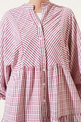 Çizgi Desenli Katlı Elbise Bordo - Tesettür Elbise