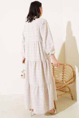 Çizgi Desenli Katlı Elbise Latte - Tesettür Elbise