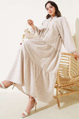 Çizgi Desenli Katlı Elbise Latte 