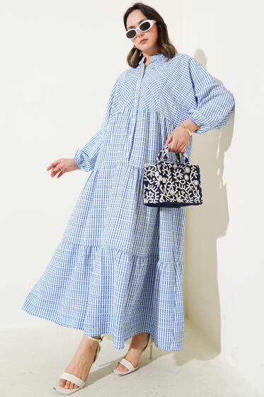 Çizgi Desenli Katlı Elbise Mavi - Elbise