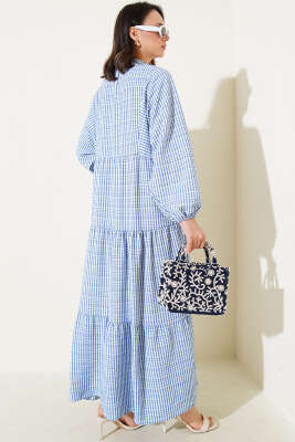 Çizgi Desenli Katlı Elbise Mavi - Tesettür Elbise