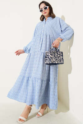 Çizgi Desenli Katlı Elbise Mavi - NEVA MODA